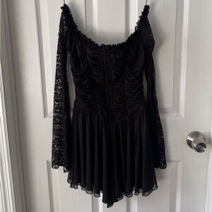 Black Off-Shoulder Lace Long Sleeve Dress (S)